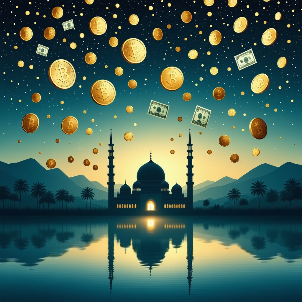 Golden coins and banknotes floating above a mosque silhouette at dawn symbolizing spiritual and material wealth in Islamic dream interpretation