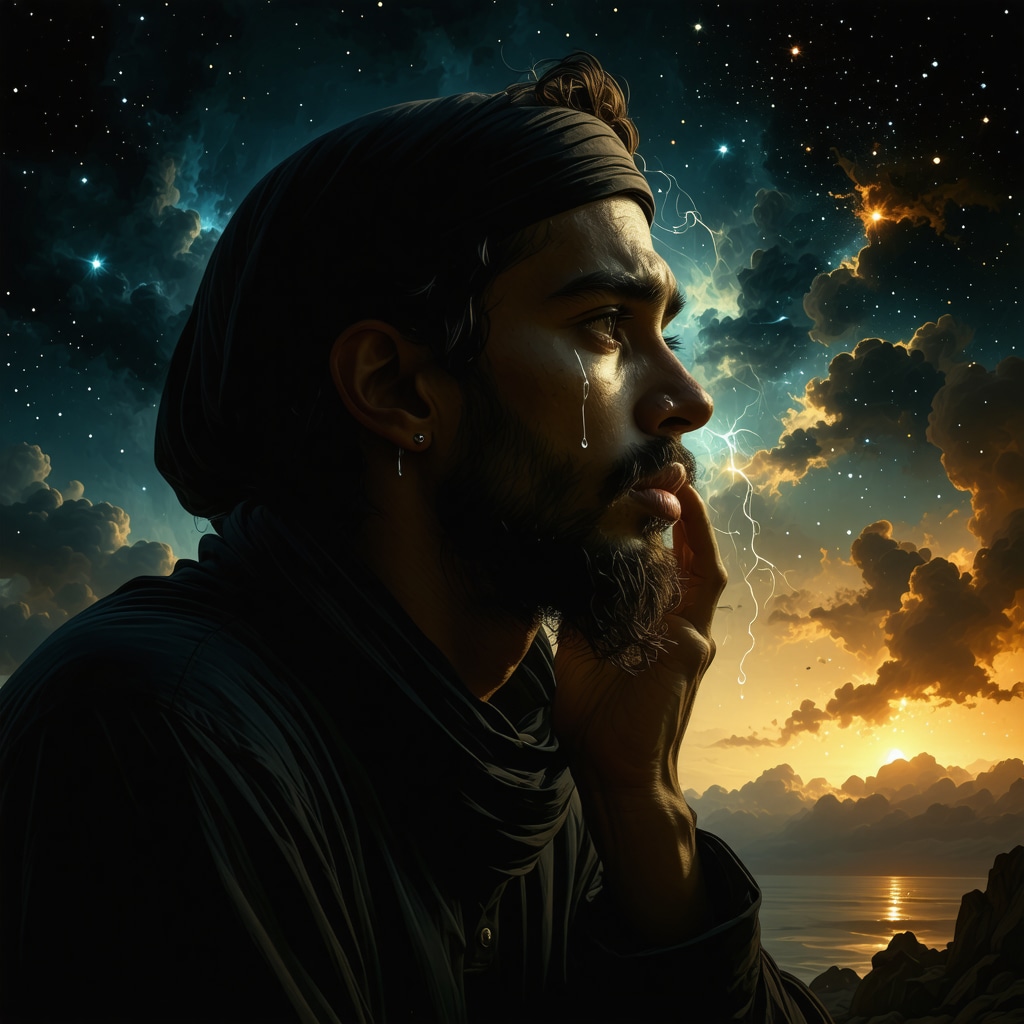 Muslim person dreaming and crying symbolizing spiritual awakening and divine message