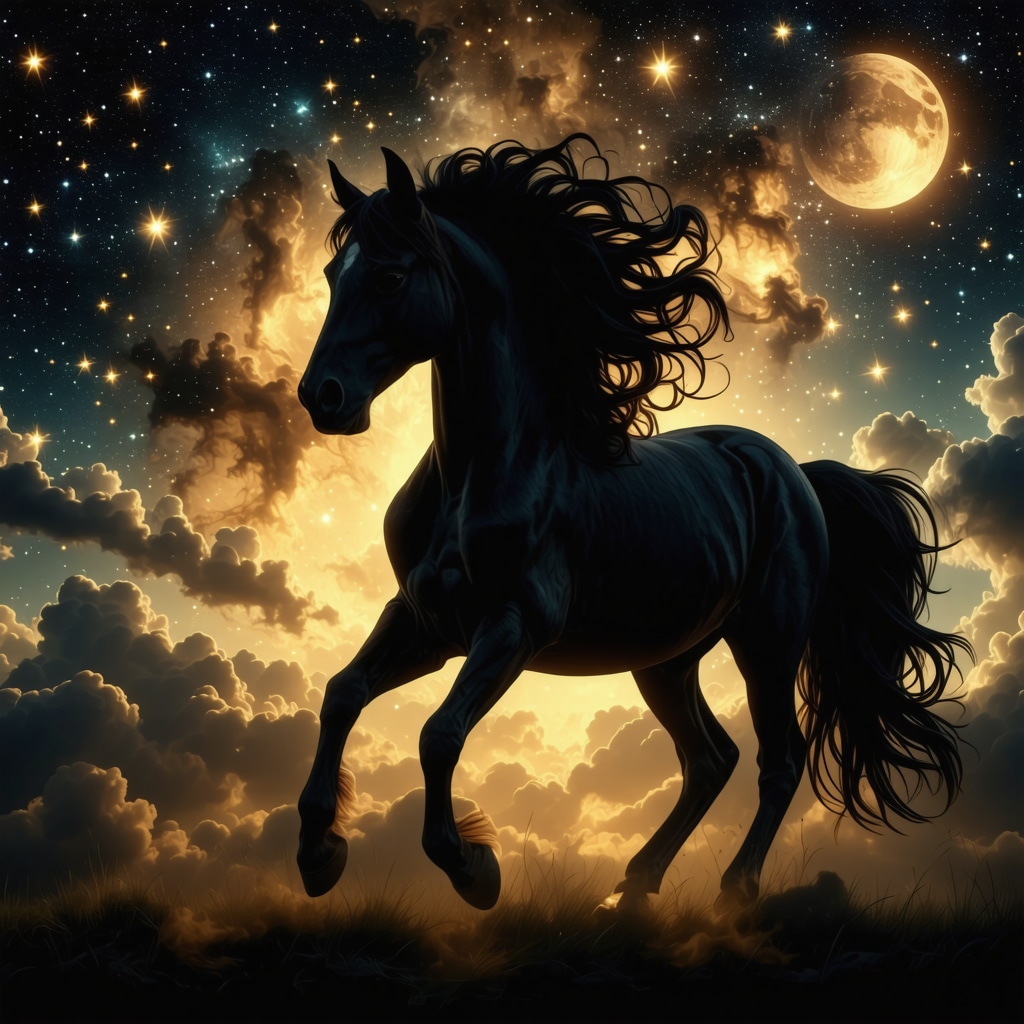 Mystical horse silhouette with spiritual symbols and night sky background