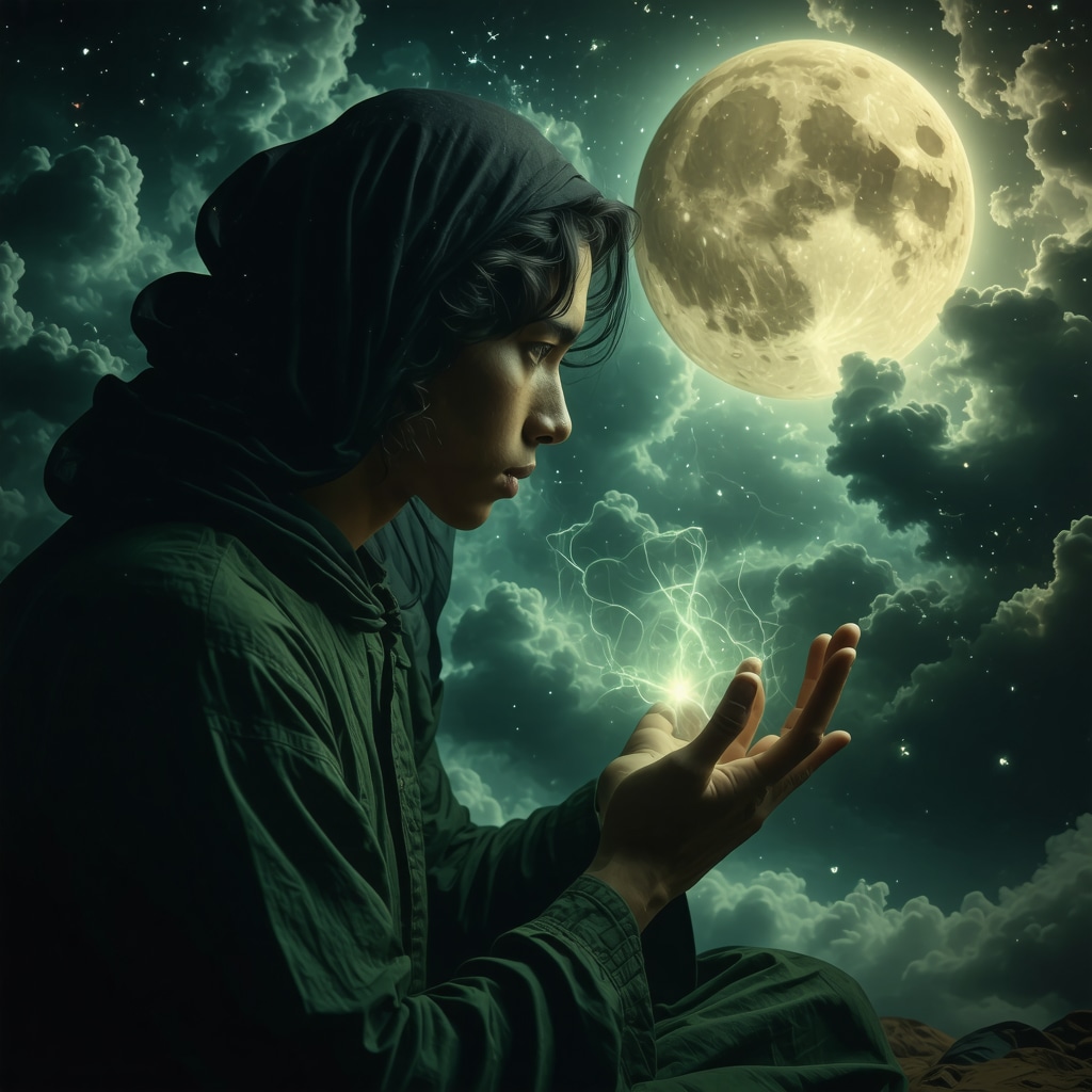 Illustration showing a person meditating with Islamic symbols and dream imagery representing transformation and forgiveness