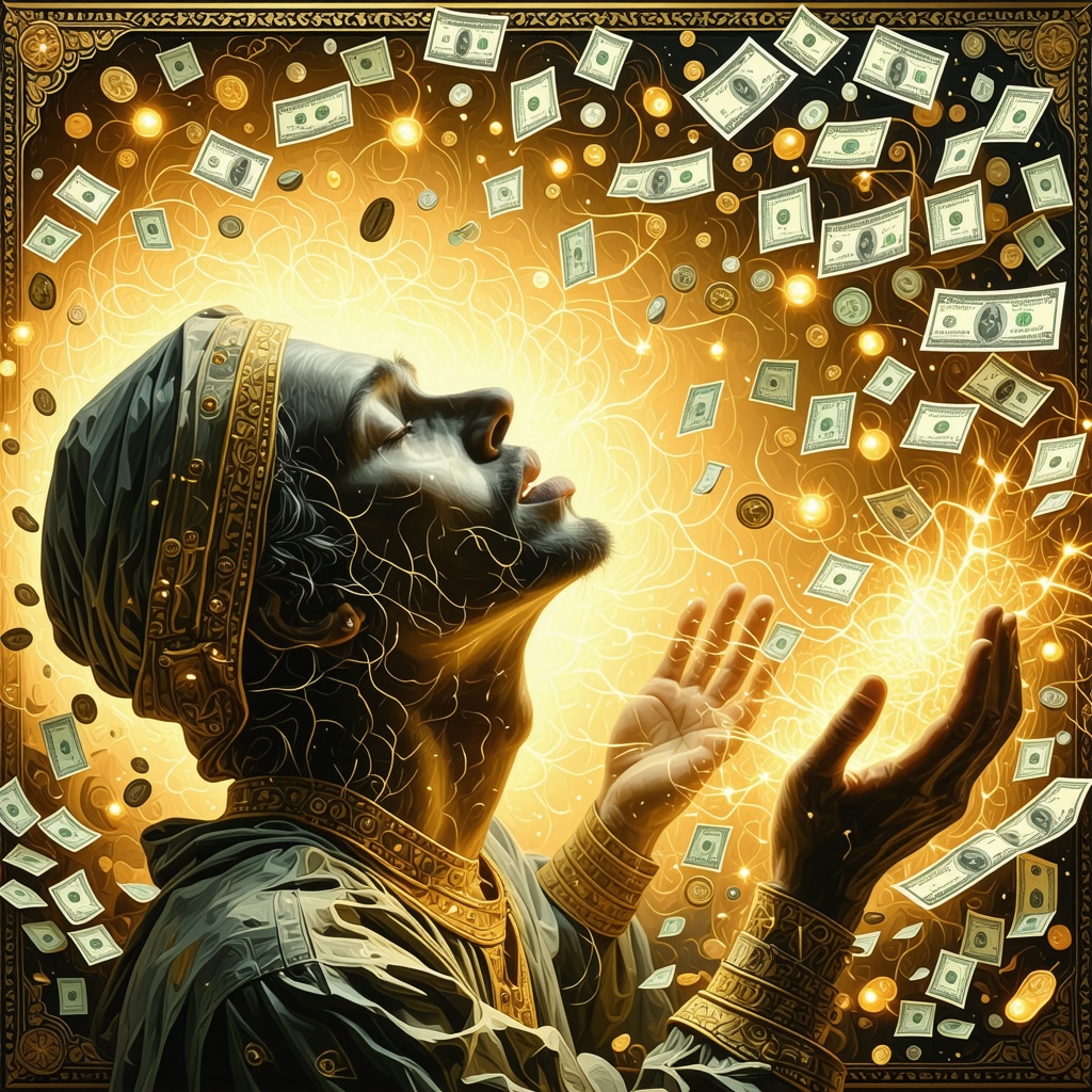Artistic representation of a dream where money transforms into spiritual light with Islamic calligraphy