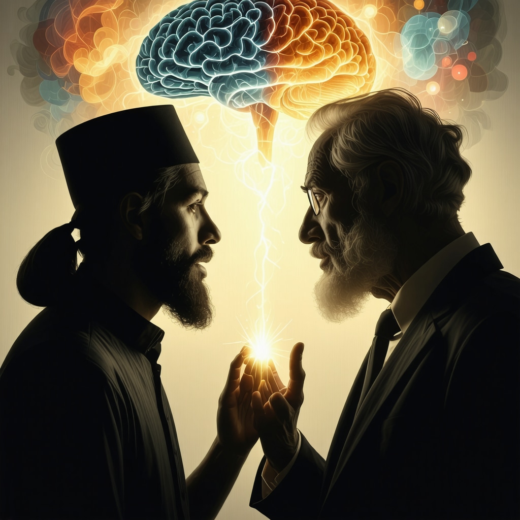 Artistic representation of a dream conversation with a godfather figure combining Islamic symbols and brain activity visuals