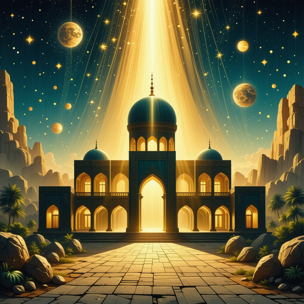 Illustration of a traditional Islamic house pierced by beams of light symbolizing spiritual awakening and transformation