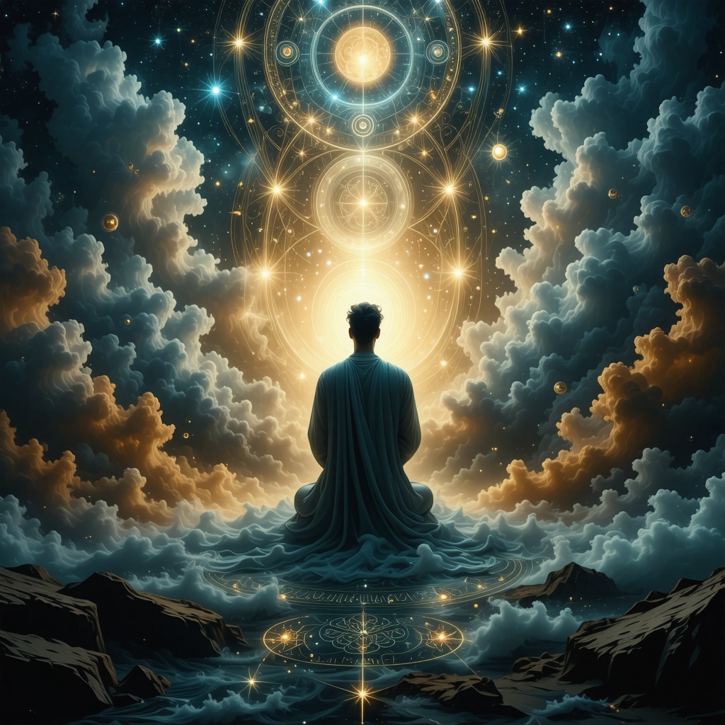 A mystical dreamscape with symbolic figure of a former man surrounded by Islamic calligraphy and spiritual symbols