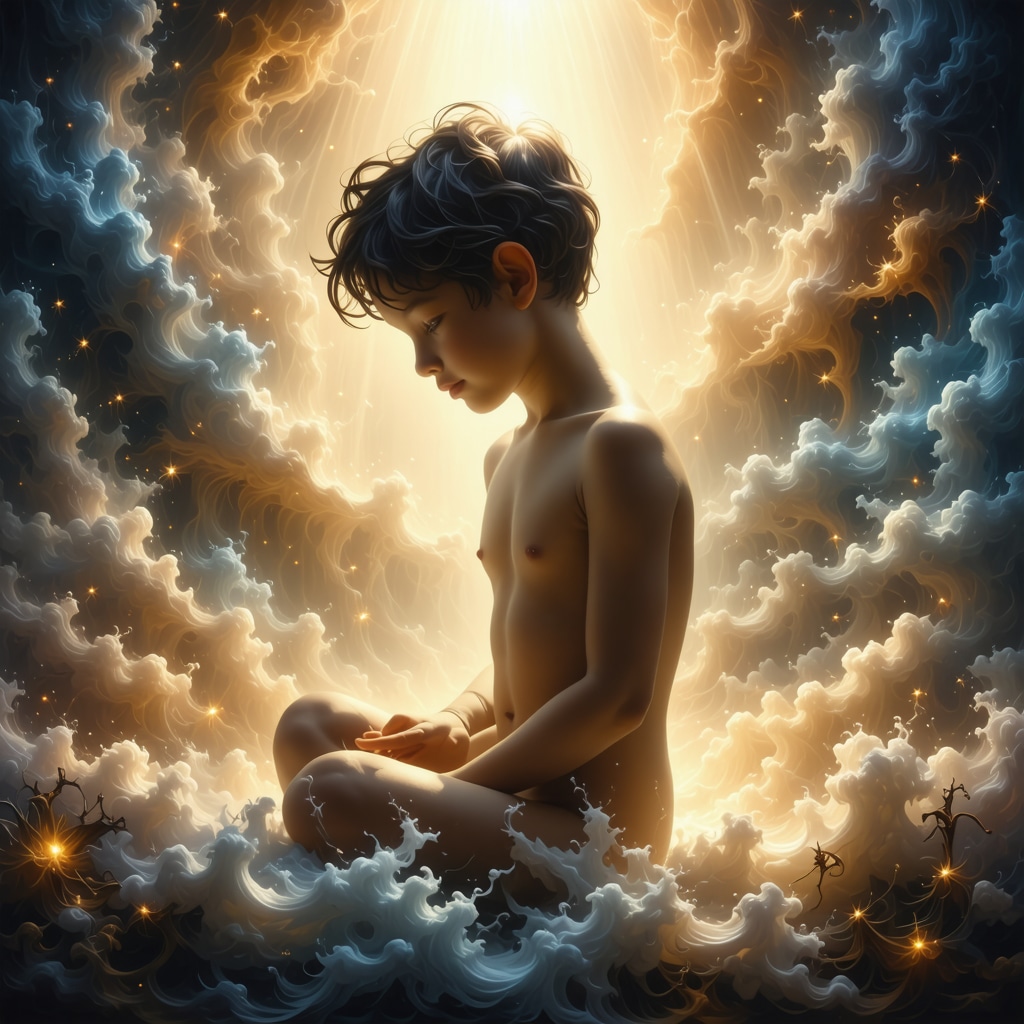 Artistic representation of a naked child symbolizing vulnerability and spiritual rebirth with Islamic motifs