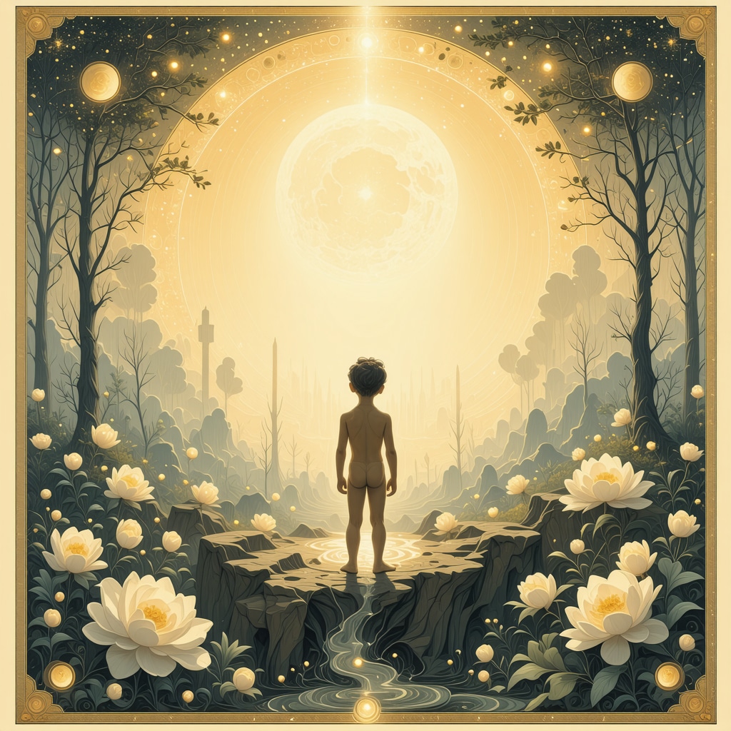 Artistic symbolic image of a naked child with spiritual motifs illustrating vulnerability and purity in Islamic dream tradition