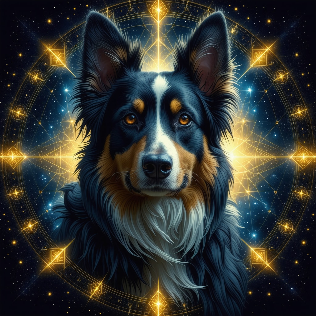Dream illustration showing a dog with black and white fur symbolizing spiritual duality in Islamic dream interpretation