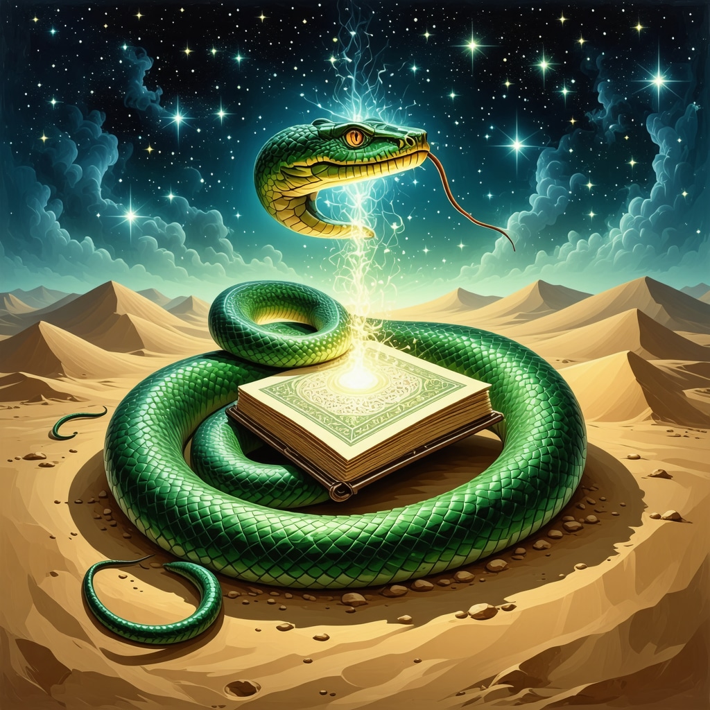 Detailed symbolic image of a green snake coiled around Quran glowing with spiritual light in mystical desert night