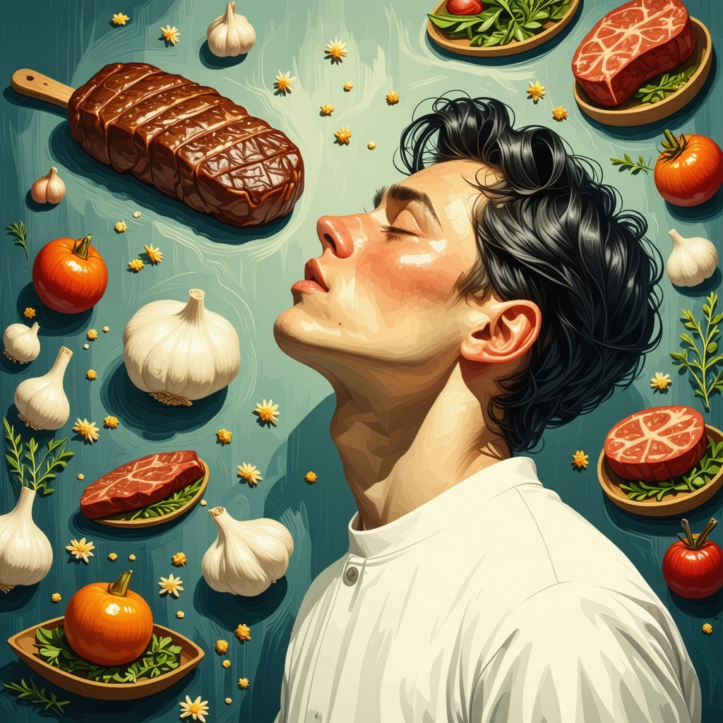 Illustration of a person experiencing a dream with symbolic images of fresh and cooked meat