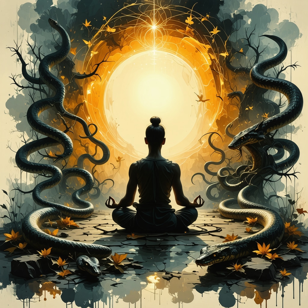 A person meditating with symbolic snake images around, symbolizing spiritual growth and inner insight.