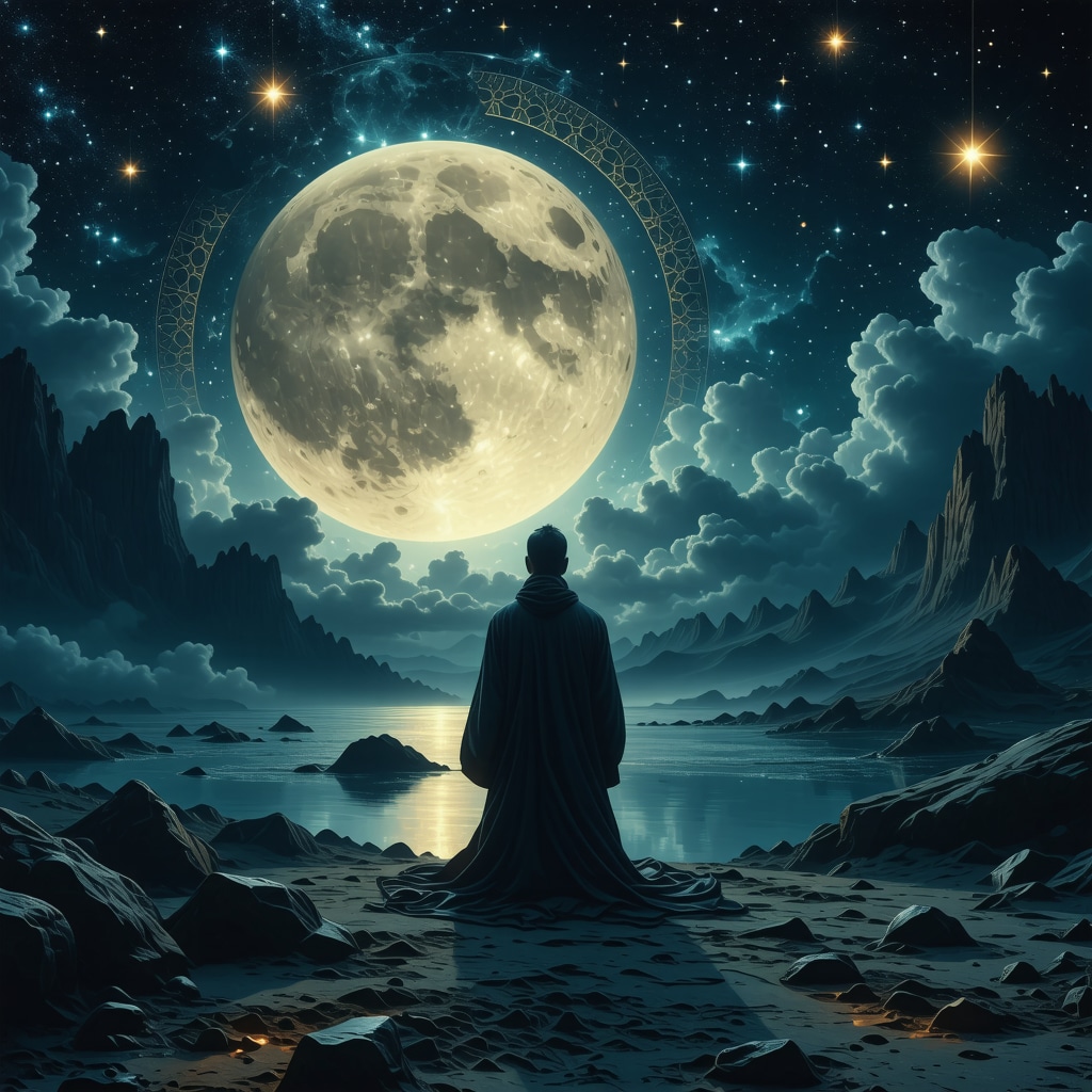 Illustration of a mysterious unknown man in a dream surrounded by Islamic geometric patterns symbolizing spiritual guidance