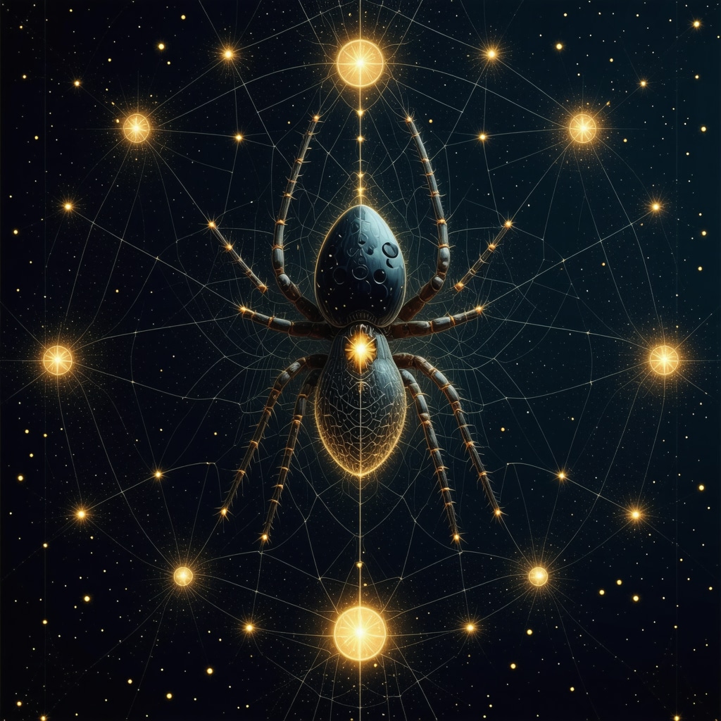A spider weaving an intricate web decorated with Islamic geometric patterns and glowing softly in a dreamlike setting