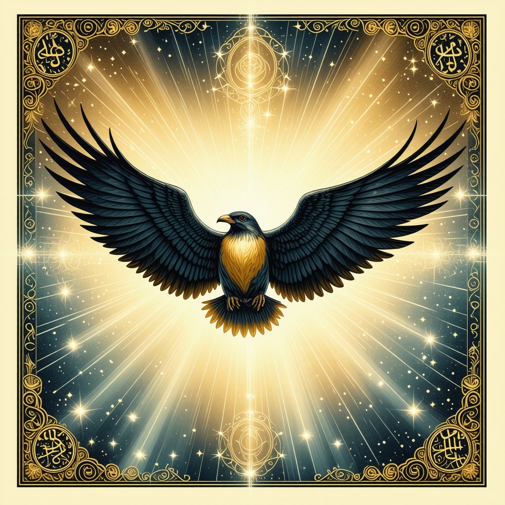 Illustration of a bird flying between celestial realms representing spiritual guidance in Islamic mysticism