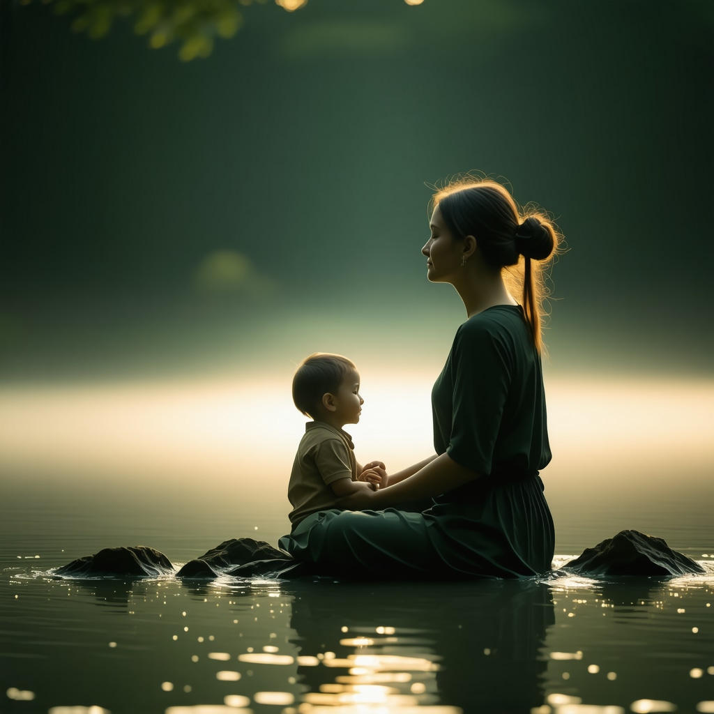 Mother and child in a peaceful, spiritual setting.