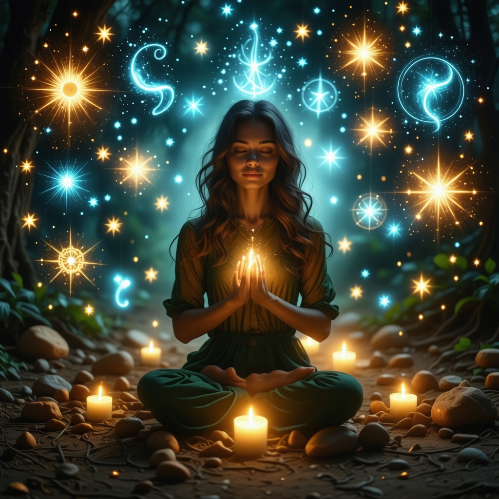 Person meditating surrounded by mystical dream symbols