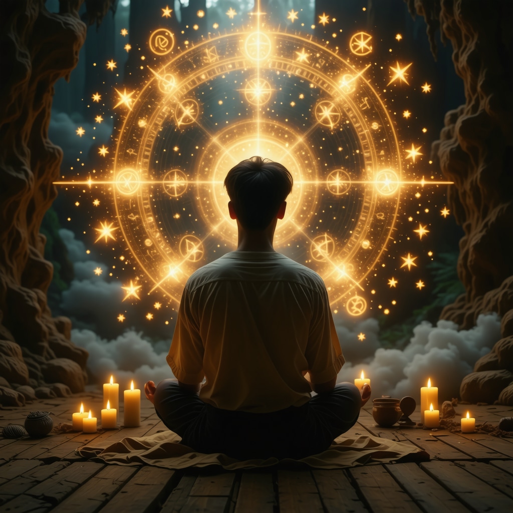A person meditating on dream symbols in a mystical setting.