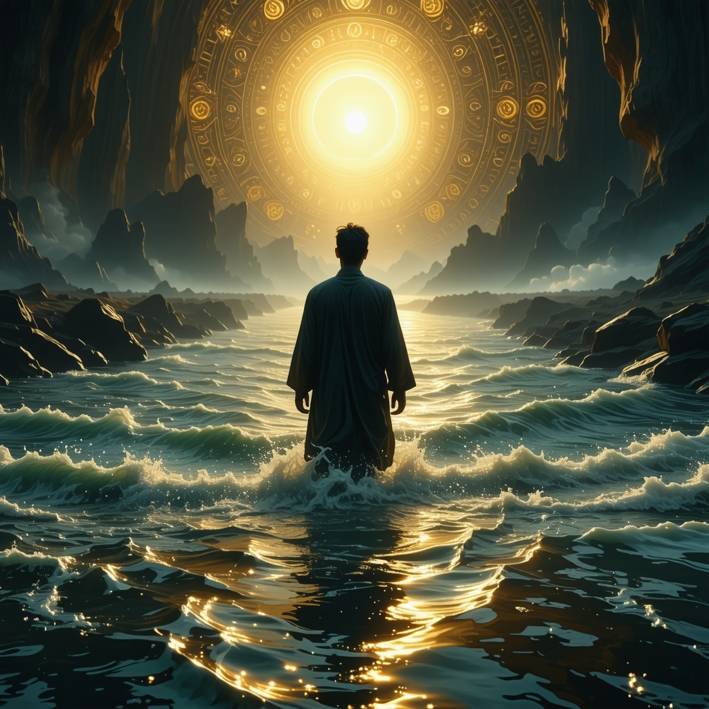 Illustration of a person crossing a river of murky water symbolizing spiritual growth in Islamic mysticism