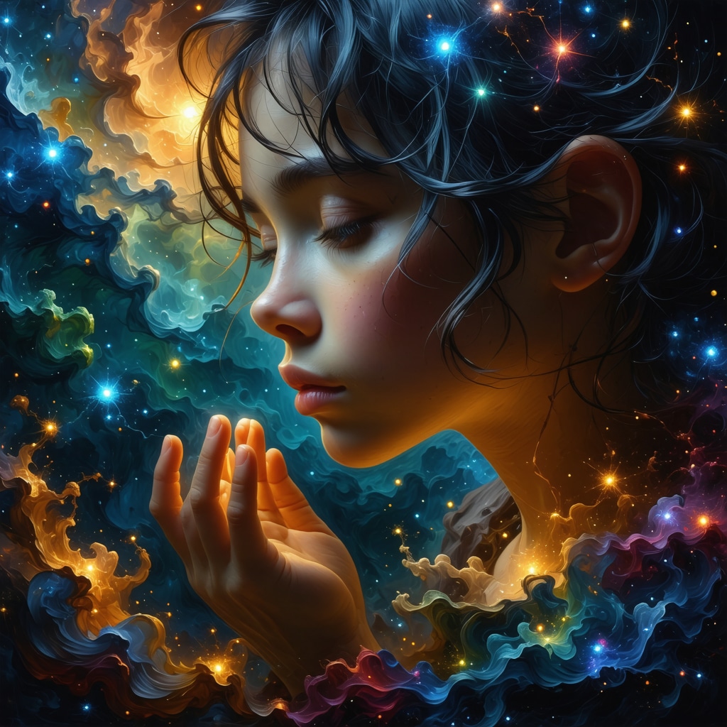 Abstract artistic depiction of dreams with children, spiritual symbols, vibrant colors