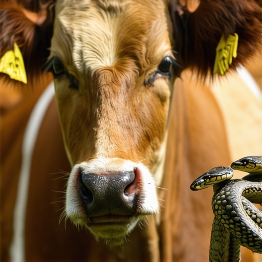 A contemplative person analyzing symbolic dream images of cows and snakes