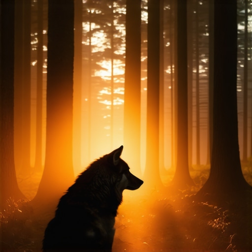 Silhouette of a wolf in a mystical forest at night, representing spiritual symbolism