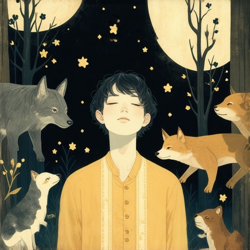 A person sleeping peacefully, dreaming of animals with spiritual symbols around