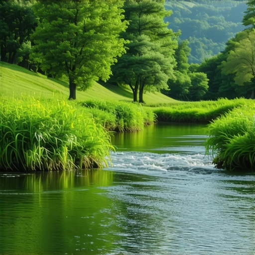 A peaceful river flowing through nature, representing spiritual purity and renewal.