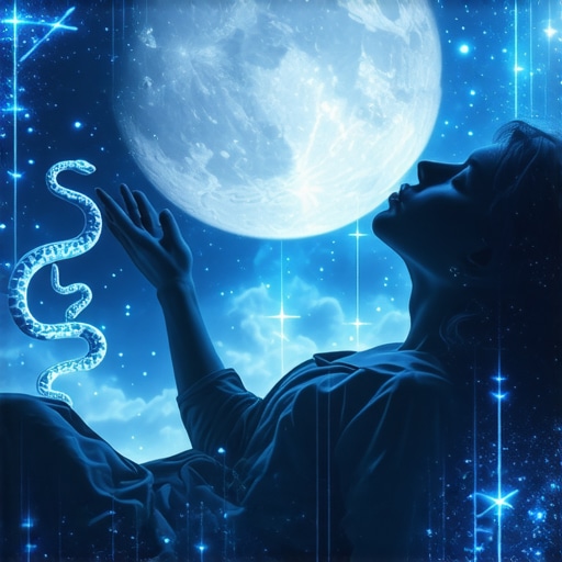 A person peacefully sleeping surrounded by symbolic images of snakes and health signs in a mystical setting