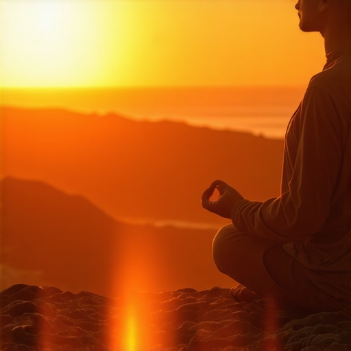 Person meditating at sunrise with earth tremor symbols, representing spiritual transformation